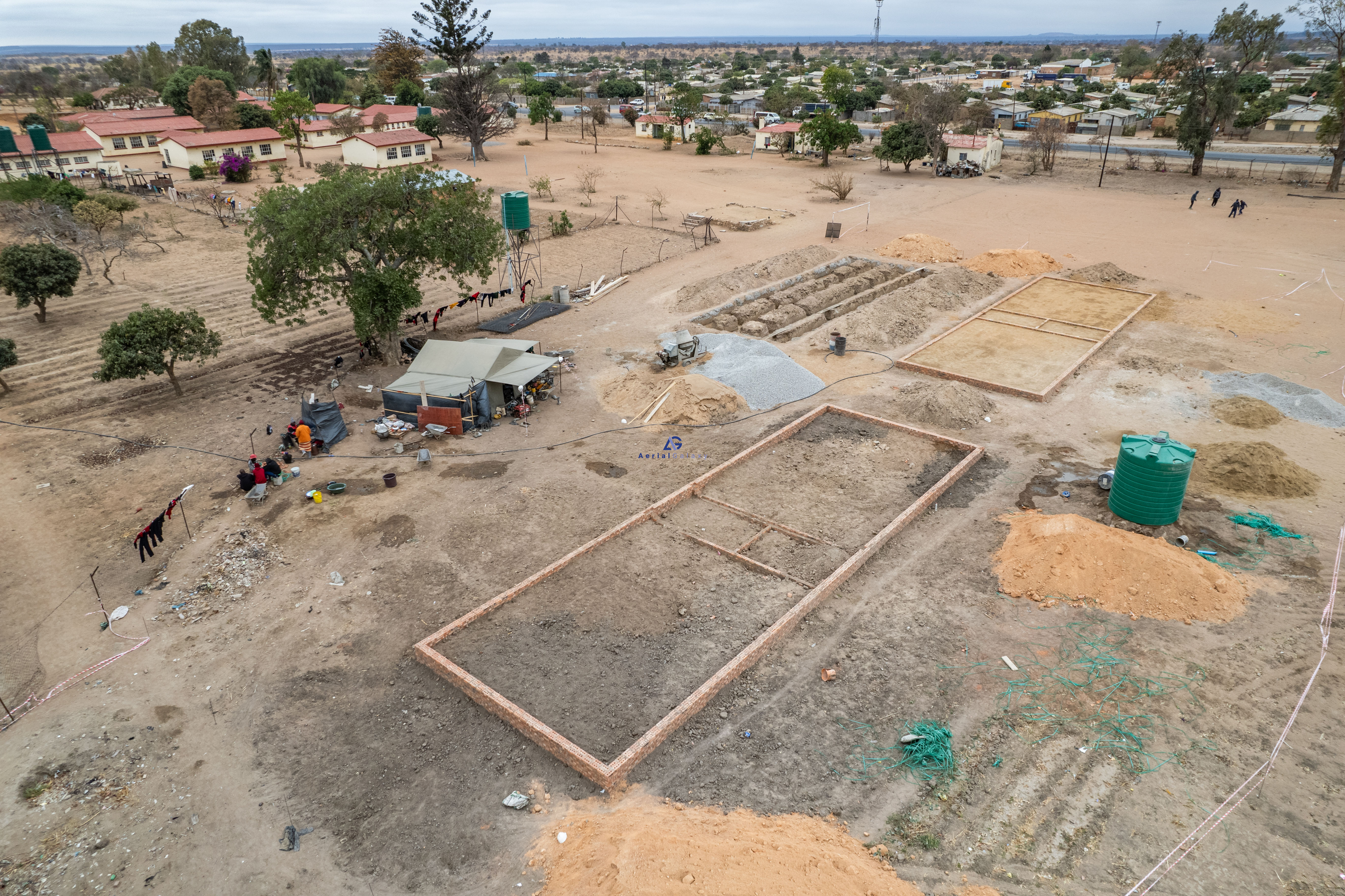 Aerial view of a construction site before a milestone